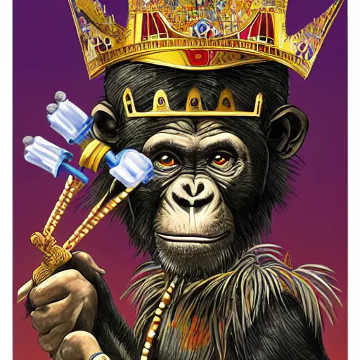 Image similar to A body art that features a chimpanzee surrounded by a castle turret. The chimp is shown wearing a crown and holding a scepter, and the castle is adorned with banners. ancient egyptian papyrus, Sumerian by Jesper Ejsing, by Warren Ellis, by John Harris ghostly