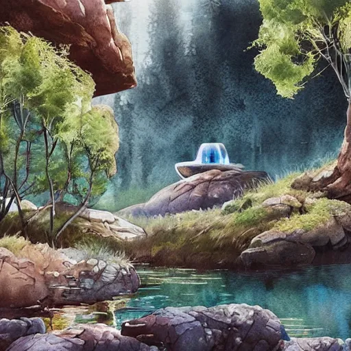 Image similar to beautiful happy picturesque charming sci - fi organic pod - like homes of the future in a beautiful natural scene. water, trees and rocks. beautiful light. soft colour scheme. beautiful artistic detailed watercolor by lurid. ( 2 0 2 2 )