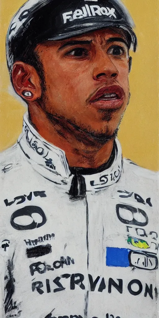 Image similar to A portrait of Lewis Hamilton in his racing uniform by Francis Bacon