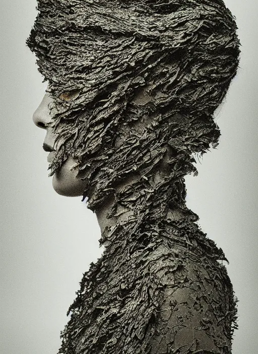 Prompt: a woman's face in profile, made of elaborate seaweed, in the style of the Dutch masters and Gregory Crewdson, dark and moody