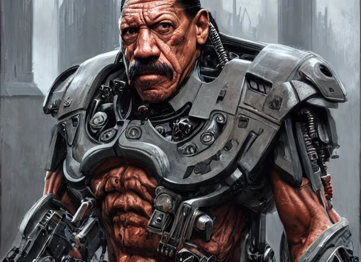 Image similar to danny trejo as victor stone, full body concept, cyborg, borg, strogg, face of a man, terminator, flesh, quake strogg, doom demon, wolfenstein, monstrous, powerful, symmetry, symmetrical, concept art by ruan jia and greg rutkowski