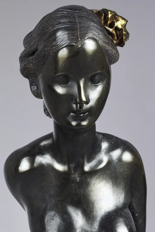 Prompt: nordic girl statue sculpted by bernini and hedi xandt made with black marble with partial gold plating, realistic
