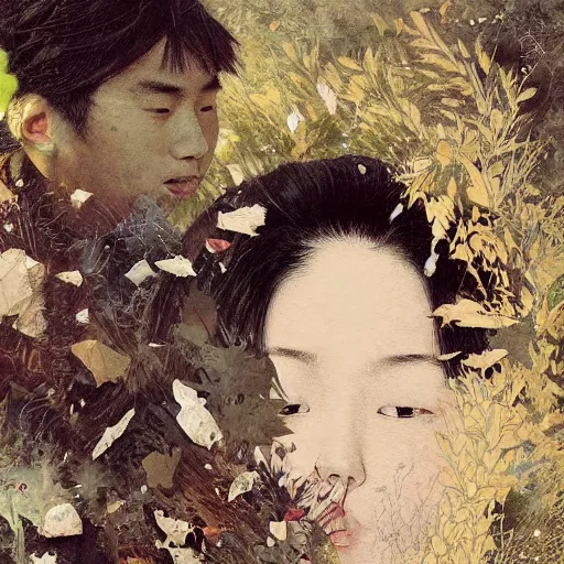Prompt: a beautiful portrait of two young japanese lovers made of wind and plants and fragmented pieces, muted cold colors, consciousness of night, painting part by wojciech siudmak, part by ilya repin, part by norman rockwell, artstation