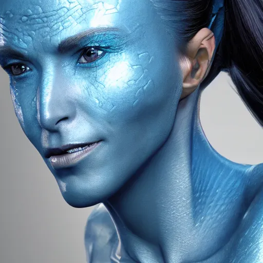 Prompt: Character concept for female superhero with glowing blue skin with an intricate subsurface energy glow. Close-up side profile portrait. She is an attractive Greek woman with an aquiline nose a strong jawline. Facing left, looking down. Weta Digital. Animal Logic. Industrial Light & Magic. MANUKA renderer.
