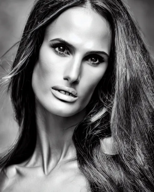 Prompt: photoshoot of model izabel goulart as wonder woman, hyperreal, studio lighting, photography in the style of annie leibovitz, soft focus, bokeh, 1 5 0 mm