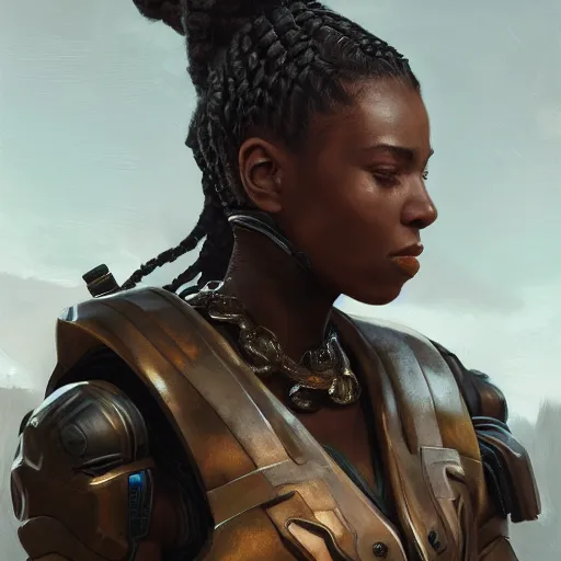 Prompt: an portrait woman with braids african american in the assault powered armor, style game square enix life, trending on artstation, painted by greg rutkowski, render naughty dog, octane render, detailed