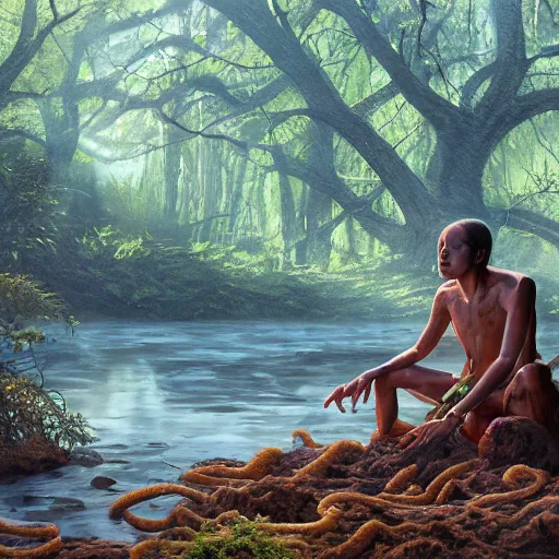 Prompt: a cinematic painting of alien tentacles emerging from the water of a river, a single human godly like figure stands on the riverbed watching, fire blowing the leaves from the trees