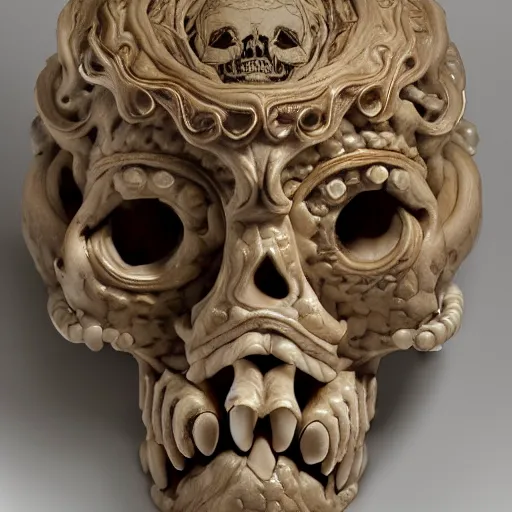 Image similar to an intricately detailed carving in an human - octopus skull, rococo ornate bone and ivory sculpted skull with teeth and tentacles, horror, artifact, micro detailed, inscribed with occult symbols, otherworldly