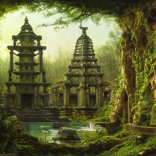 Prompt: a beautiful and highly detailed matte painting of a lost temple in a magical fantasy garden in a lush forest, intricate details, epic scale, insanely complex, 8 k, sharp focus, hyperrealism, very realistic, by caspar friedrich, albert bierstadt, james gurney, brian froud,