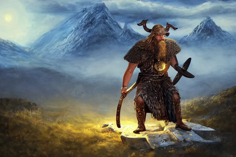 Image similar to mythological viking odin Shaman of artificial intelligence creating an artificial neural network with yellow synapses on an anvil, dark mystical mountains in the background, high resolution, award winning art, trending on art station, sharp image, incredibly detailed, detailed character realistic painting,