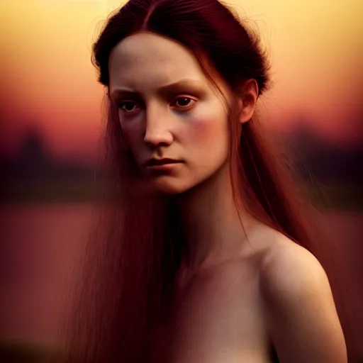 Image similar to photographic portrait of a stunningly beautiful renaissance female in soft dreamy light at sunset, beside the river, soft focus, contemporary fashion shoot, in a denis villeneuve and tim burton movie, by edward robert hughes, annie leibovitz and steve mccurry, david lazar, jimmy nelsson, extremely detailed, breathtaking, hyperrealistic, perfect face, octane render