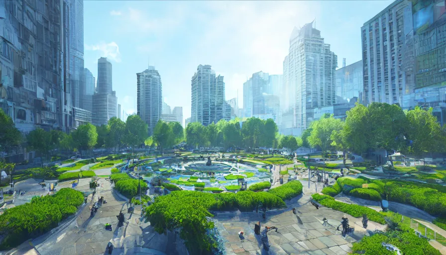 Prompt: crowded green square with fountain surrounded by huge blue glass buildings, sunny day, volumetric light, ground view, hyperdetailed, artstation, cgsociety, 8 k