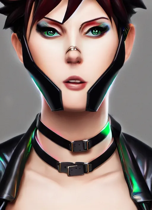 Image similar to portrait bust digital artwork of tracer overwatch, wearing black iridescent rainbow latex tank top, 4 k, expressive happy smug expression, makeup, in style of mark arian, angel wings, wearing detailed black leather collar, chains, black leather harness, detailed face and eyes,