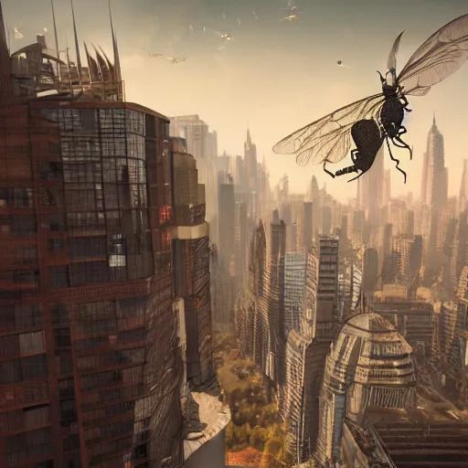 Prompt: giant insects stalk a city, hyperdetailed, artstation, cgsociety, 8k