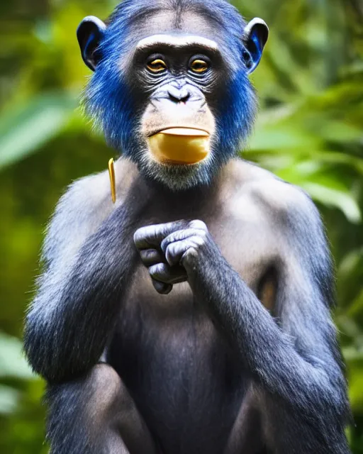 Image similar to gold, blue, photo of a chimpanzee solving a puzzle, blue hat, big cigarre in mouth, 8 k, 8 5 mm f 1. 8