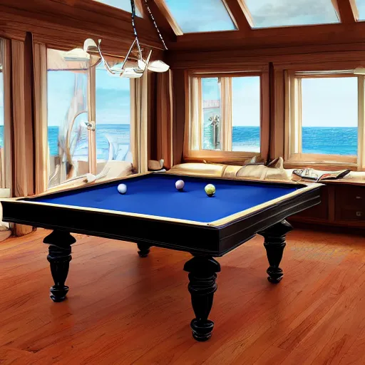 Prompt: a small sloop in which a large billiards table is placed. on the billiards table are twenty balls. focus on the billiards table with extremely high detail. the sloop is on the ocean. the weather is bad and cloudy. professional lighting.