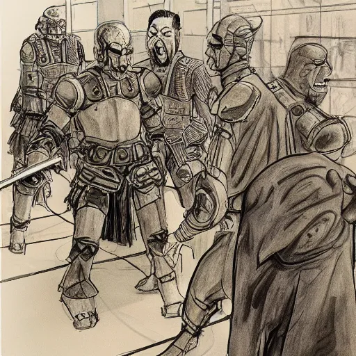 Prompt: highly detailed realistic sketch of The Hague members yelling at a cyborg samurai, fear and anger in their eyes, award winning , masterpiece on a scroll , post-processing