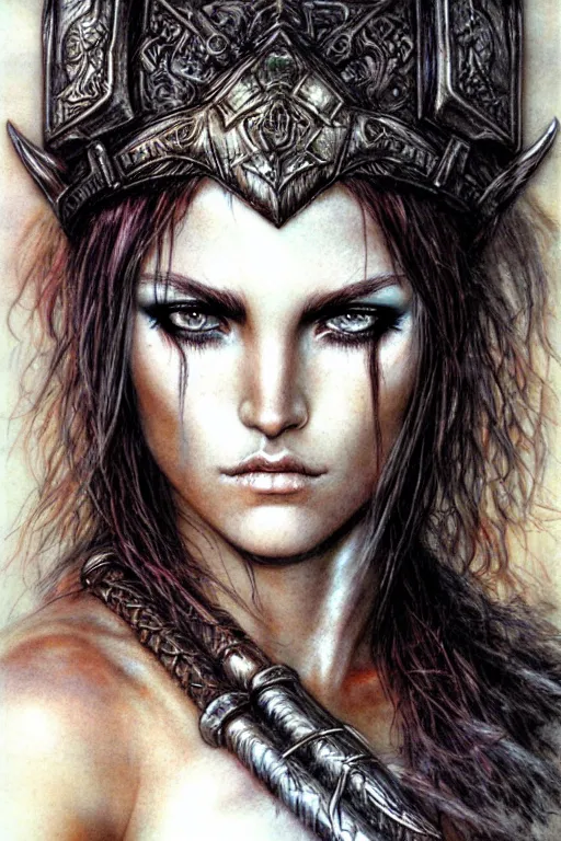 Prompt: head and shoulders portrait of a barbarian, female, high fantasy, dnd, face details, extremely detailed, by luis royo