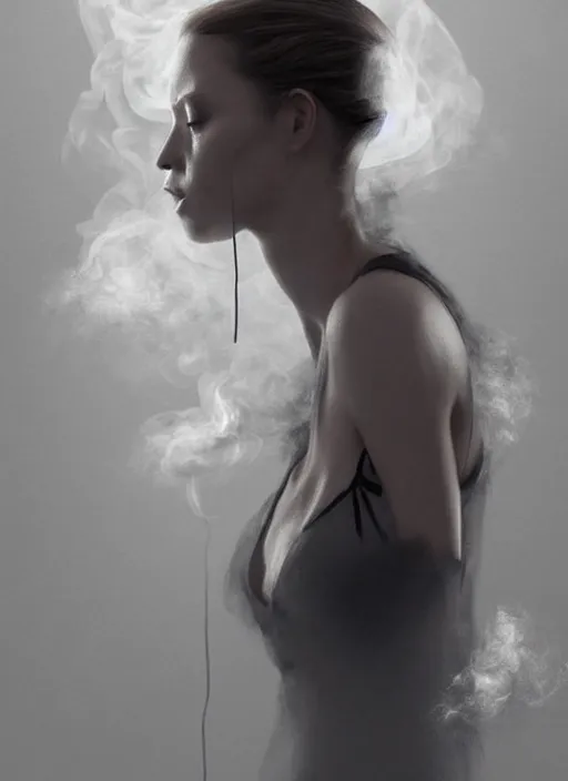 Image similar to fullbody portrait of finnish woman made partly out of smoke vanishing slowly as an smoke to the air, realistic smoke, elegant, highly detailed, digital illustration, trending in artstation, trending in pinterest, glamor pose, concept art, smooth, sharp focus, art by artgerm and greg rutkowski