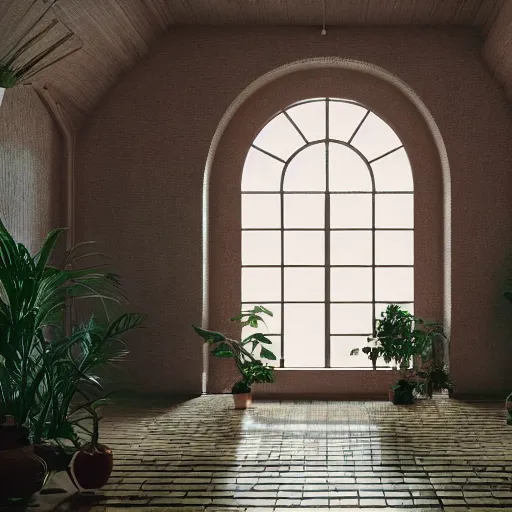 Prompt: 70s interior with arched windows, natural sunlight, summer, hanging plants, cinematic, cyberpunk, lofi, calming, dramatic, fantasy, by Moebius, by zdzisław beksiński, Fantasy LUT, epic composition, sci-fi, dreamlike, surreal, angelic, cinematic, 8k, unreal engine, photorealistic, fantasy concept art,