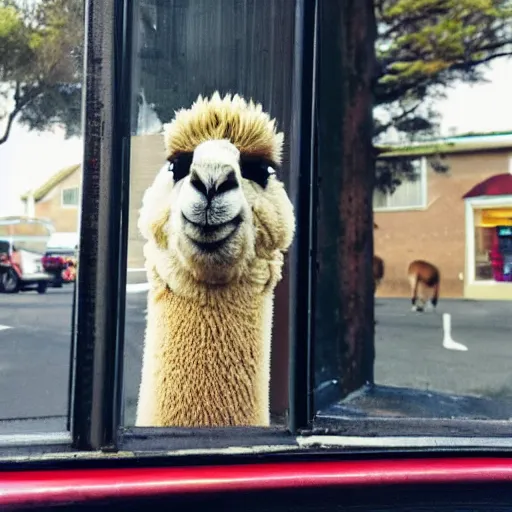 Prompt: <photograph accurate=true quality=very-high>looking out the window at a busy street</photograph><photobomb>alpaca</photobomb>