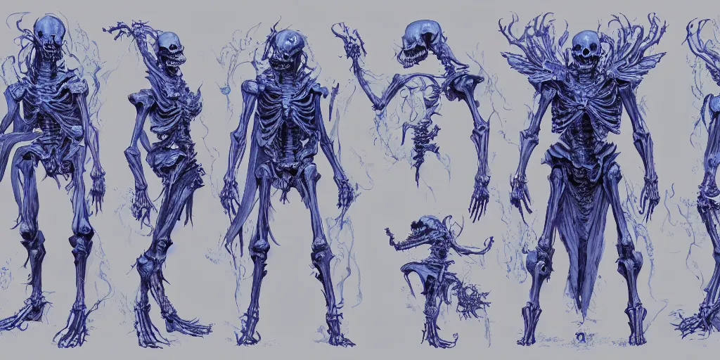 Prompt: Skeleton dark blue ghost flame demon character design sheet, Moebius, Greg Rutkowski, Zabrocki, Karlkka, Jayison Devadas, Phuoc Quan, trending on Artstation, 8K, ultra wide angle, zenith view, pincushion lens effect.