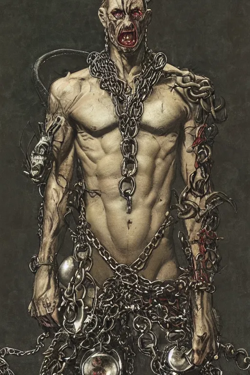 Image similar to michael gross, heavy metal magazine cover, 1 9 8 0 s, intricate leather and chains, atmospheric, realism, horror, grimy, sinister, highly detailed, high octane render, hd, anatomy, symmetrical body, symmetrical face, scary, cracked brick background, in the style of frank frazetta and moebius, peter mohrbacher and john william waterhouse