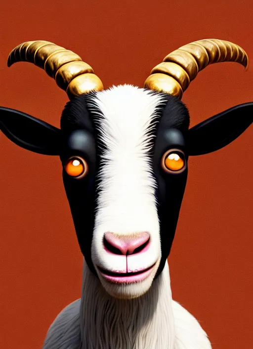 Image similar to anthropomorphic portrait of will smith as a goat, au naturel, hyper detailed, digital art, trending in artstation, cinematic lighting, studio quality, smooth render, unreal engine 5 rendered, octane rendered, art style by klimt and nixeu and ian sprigger and wlop and krenz cushart and pixar and riot and love death & robots