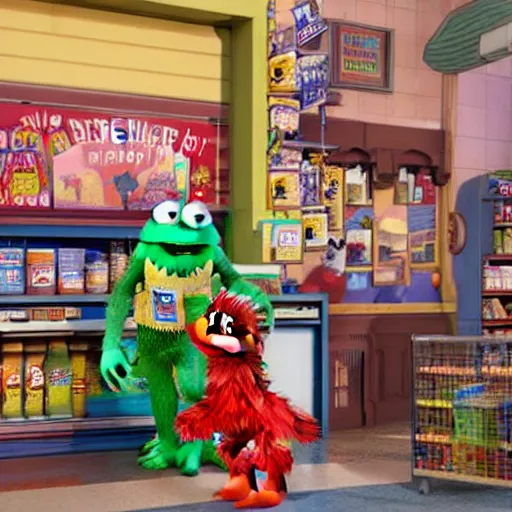 Prompt: Sesame Street Muppets rob a convenience store on the main street