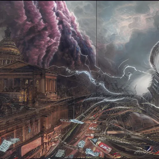 Image similar to uhd photorealistic studio portrait of a tornado of cash ripping through washington d. c., extremely detailed, 8 k, cinematic lighting, in the style of amano and ayami kojima and karol bak, art by mark brooks with vivid colors and crisp details
