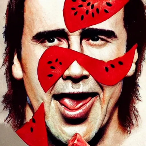 Image similar to nicholas cage eat watermelon