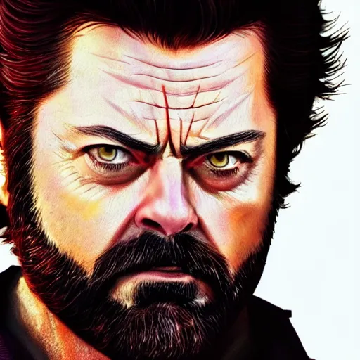 Image similar to logan wolverine pictured as nick offerman, photorealistic marvel movie still, imdb, detailed, 8 k, poster photosession style, deviantart and artstation top picks