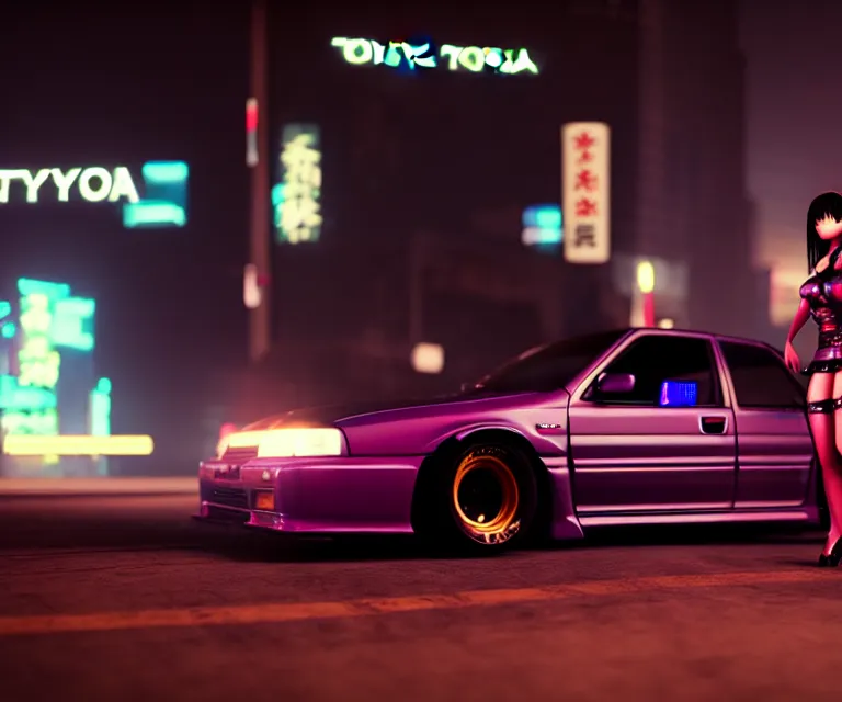 Image similar to toyota jzx 1 0 0 drift with cyberpunk girl standing, detailed - wheels, shibuya prefecture, cinematic lighting, photorealistic, night photography, octane render