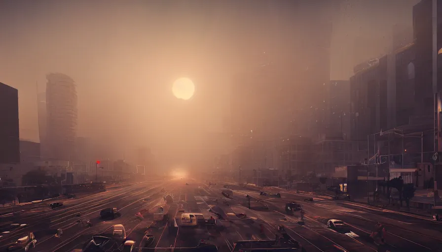 Image similar to damaged los angeles at sunset, light between the buildings, people fleeing the streets, ambulance and police cars in the streets, smoke fog, desolation, hyperdetailed, artstation, cgsociety, 8 k