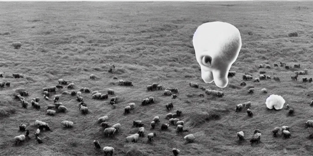 Image similar to a disembodied ear floats above a field of sheep in england, hipgnosis artwork