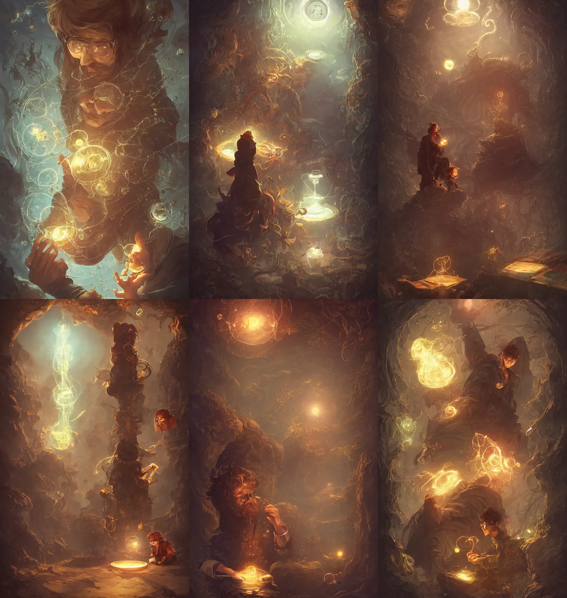 Prompt: a book cover featuring a brown-haired bespectacled young wizard, he is examining glowing diagrams in the shape of hourglasses and spiders, marc simonetti, anato finnstark, randy vargas, diego gisbert llorens, bayard wu, fantasy concept art, trending on artstation, 4k