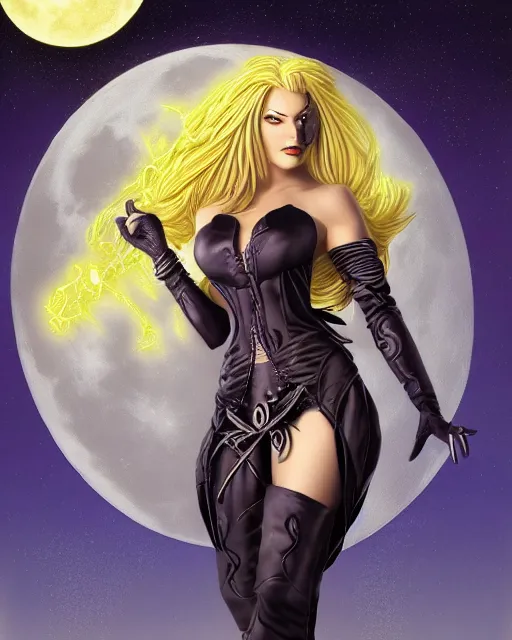 Prompt: a female necromancer with white hair and glowing yellow eyes standing in front of the full moon and casting a spell, artwork by Mark Brooks