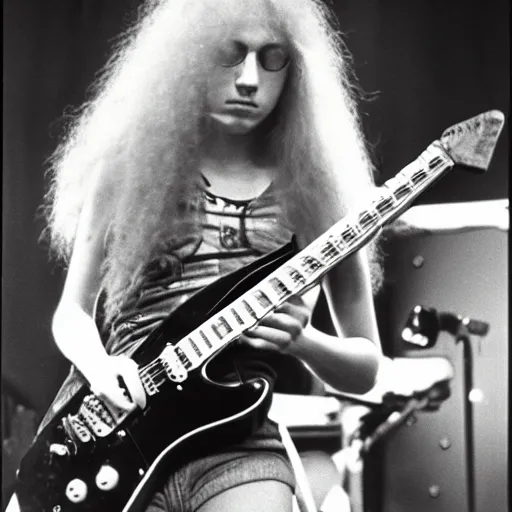 Image similar to 19-year-old woman holding electric guitar, long shaggy blonde hair, permed hair, stoner rock concert, proto-metal concert, live in concert, concert quality, concert footage, 1973, 8mm photography