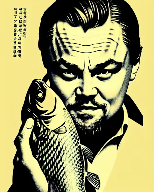 Image similar to photograph of leonardo dicaprio holding a carp in his both hands. movie poster, illustration by bartek fedyczak, erak note, tooth wu, neil richards, kan liu, siwoo kim, jisu choe, trending on art station