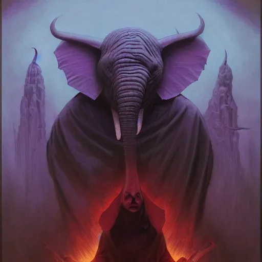 Image similar to A Satanic Evil Heffalump, psychedelic art, demonic, fullbody, artstation, dark fantasy, concept art, horror, evil, smooth, sharp focus, illustration, art by greg rutkowski and orientalism and bouguereau and Zdzislaw Beksinski, good clear quality, lighting, biology, symmetrical artwork, perfect face, 135 mm, cinematic, hyper realism, high detail, octane render, 8k, chrome accents