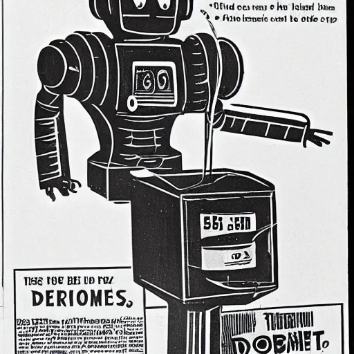 Prompt: a 1950's illustration of a robot of doom