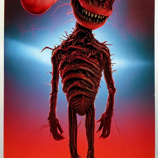 Prompt: a hyper detailed filmic realistic atmospheric full body backlit establashing wide shot semi symmetrical film 30mm color photograph of the alien organism creature with multiple human limbs and grotesque distorted human face mutating from The Thing 1982 in the style of John Carpenter horror movie