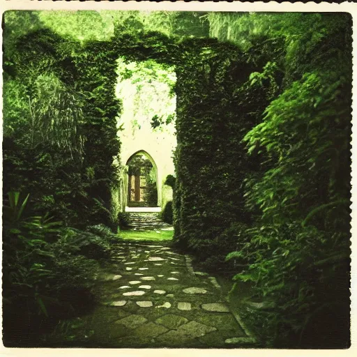 Prompt: courtyard walkway in an overgrown castle, surreal, polaroid,