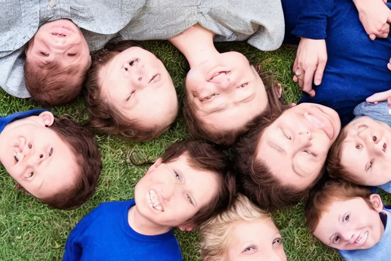 Image similar to A beautiful family portrait, but everyone's head is upside down or on backwards, photography, 85mm, photorealistic