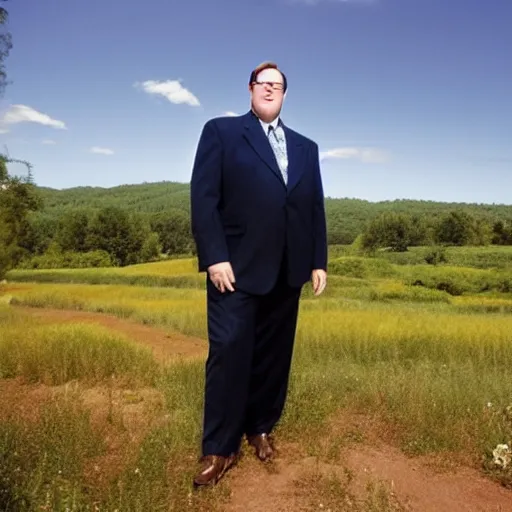 Prompt: 2 0 0 5 john lasseter of pixar is wearing a navy blue suit and necktie and brown shoes. he is standing in a verdant countryside
