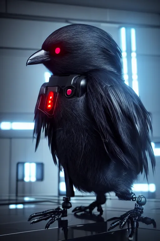 Image similar to high quality 3 d render very cute cyborg crow! incorporated speakers!, cyberpunk highly detailed, unreal engine cinematic smooth, in the style of blade runner & detective pikachu, hannah yata charlie immer, moody light, low angle, uhd 8 k, sharp focus