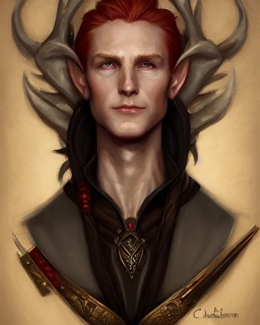 Prompt: a detailed matte oil on canvas head on symmetrical portrait of a distinguished elven man with separated red hair ( ( ( ( ( black eye patch ) ) ) ) ) by charlie bowater and lise deharme wlop, trending on artstationhd, dungeons and dragons art critical role