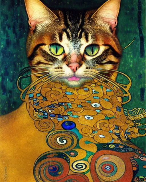 Image similar to cat portrait an oil painting splashes with many colors and shapes by gustav klimt greg rutkowski and alphonse mucha, polycount, generative art, psychedelic, fractalism, glitch art