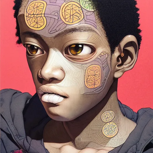 Image similar to teenager citizen portrait soft light painted by james jean and katsuhiro otomo and erik jones, inspired by nigerian anime, smooth face feature, intricate oil painting, high detail illustration, sharp high detail, manga and anime 1 9 9 9