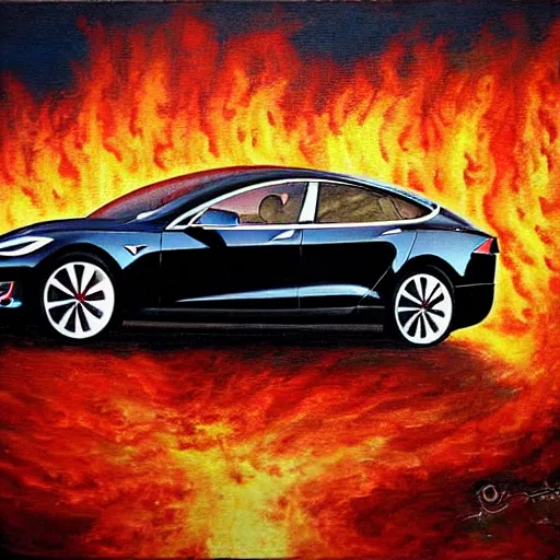 Image similar to a beautiful complex painting of a tesla on fire